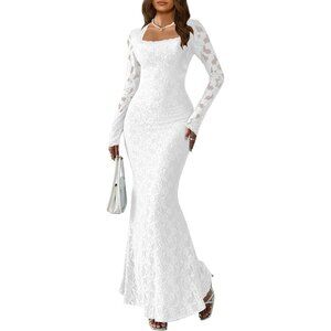 Women White Dress Elegant Square Neck Long Sleeve Floral Lace Sexy Wedding